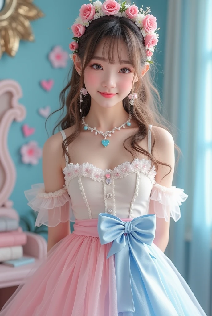 (Highest quality、masterpiece、8k、Best image quality、Hyperrealism、Award-winning works)、1 cute beautiful girl、(alone:1.1)、(1 photo:1.1)、(cute, Girlish, A sheer lolita dress in light pink and light blue:1.2)、(Cute Girlish big ribbon:1.1)、(Cute and luxurious hair accessories:1.1)、(The perfect Lolita dress with attention to detail:1.2)、(A cute dress with frills and ribbons:1.1)、(cute lolita dress with lace decorations:1.1)、(Cute Girlish lolita wavy hair:1.1)、(Low length:1.1)、(height: 140cm:1.1)、(Very large breasts:1.5)、(Glamorous Body:1.5)、(Big cleavage:1.5)、(Pink Roses:1.1)、(cute heart symbol:1.1)、Cute Lots of frills、(Big cute ribbon:1.1)、Accentuate your body lines、Slender body、Standing Elegantly、(Pastel color Girlish and luxurious lolita room background:1.1)、(A fairytale lolita room with attention to detail:1.1)、(cute light blue decorative wall:1.2)、(cute room with a Girlish atmosphere in pastel colors:1.1)、(cute room with very bright and shiny pastel colors:1.4)、(A very bright and shiny room:1.2)、(Full of pastel colors:1.2)、(very bright and vivid:1.4)、(cute pastel color wall decoration:1.2)、Blurred Background、Standing Elegantly Girl、Accurate anatomy、Perfect Makeup、Long eyelashes、Glossy Lips、Ultra HD glossy skin、(Ultra-high definition, bright and beautiful skin:1.2)、(Super bright and radiant skin:1.2)、Ultra-high definition glossy lips、Ultra-high definition beautiful teeth、Light brown and blonde hair、Light brown eyes