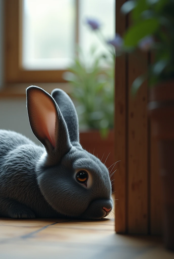 An image where a little less than half on the right side there is a blurred wooden object that covers the entire half of the image in the foreground and on the other side there is a gray rabbit with noticeable fur looking to the left, quite large., lying face up, one ear drooping and the other pointing to the left, in the background a window, mostly covered by the standing ear and a little before that some plants on the right side.
