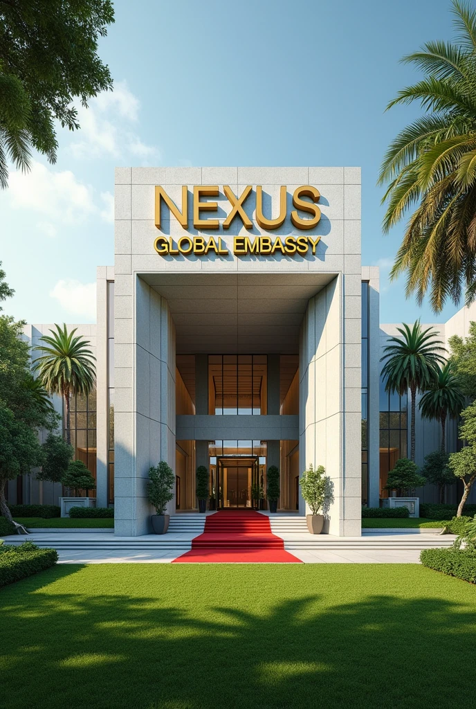 A wonderful and luxurious building, it's on it's own with large compound with trees and Grass with Singaporean architecture and the words Nexus Global Embassy fully exposed on the building separate concrete with red carpet on the entrance with a good full view and angle .Expose the words Nexus Global Embassy on the concrete fully I can't see the words