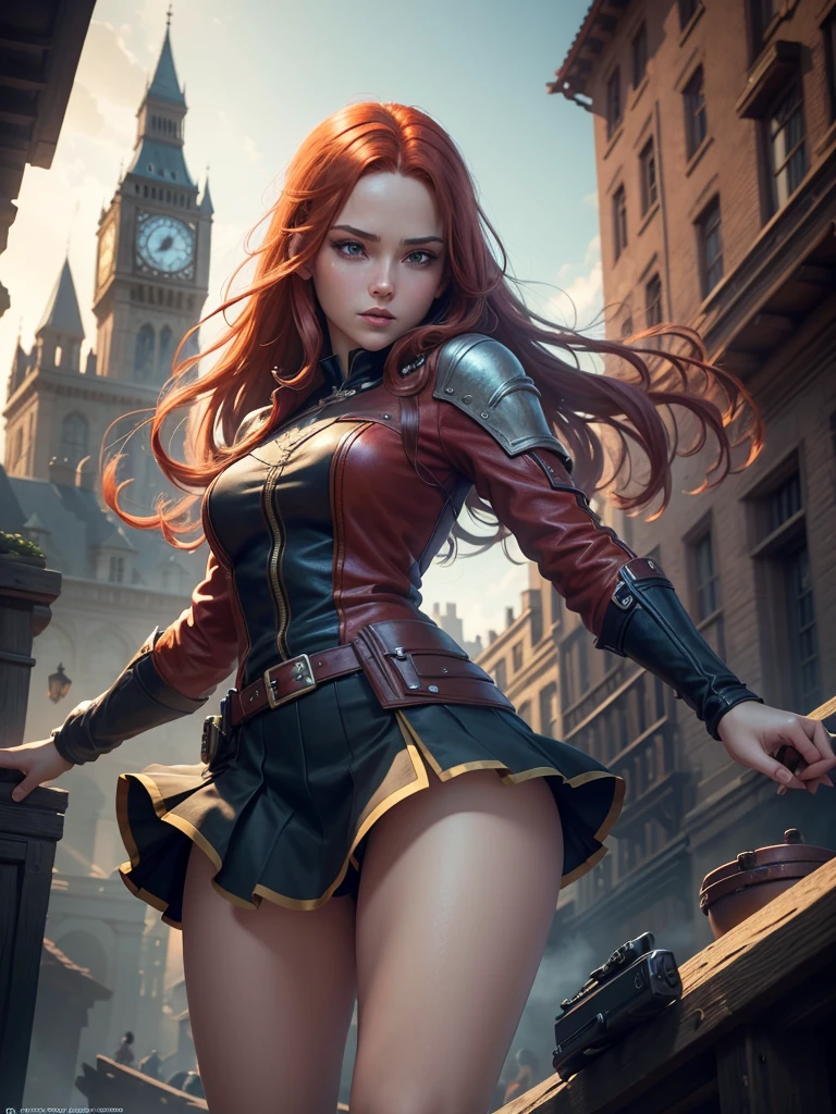 a beautiful girl with short skirt, red hair, in free fire game scene, on a clock tower, (best quality,4k,8k,highres,masterpiece:1.2),ultra-detailed,(realistic,photorealistic,photo-realistic:1.37),highly detailed face and eyes,beautiful detailed eyes,beautiful detailed lips,extremely detailed eyes and face,long eyelashes,dynamic pose,action shot,cinematic lighting,vibrant colors,intricate background details,fantasy,video game art