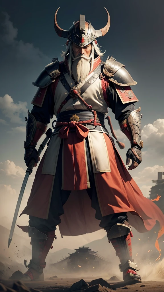 A depiction of Yamamoto Kansuke, the famous Japanese strategist, and samurai. He is standing in a battle-ready stance, holding a Japanese spear (yari). Kansuke is an older man with a wise, weathered face, a mustache, and a long white beard. He wears a full set of traditional samurai armor, decorated with intricate designs, and a kabuto helmet with a fierce dragon crest. The setting is a battlefield with mist rising from the ground, and the silhouette of soldiers can be seen in the background. His eyes are sharp, embodying the mind of a strategist.