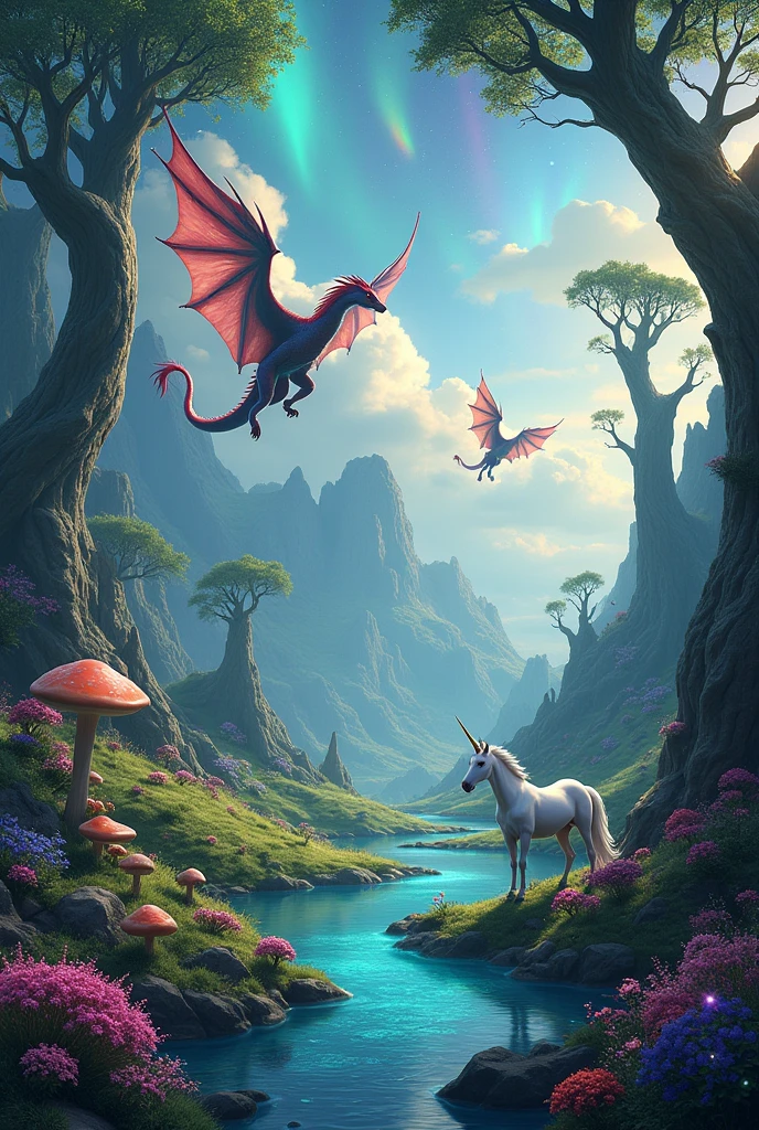 Fantasy background with dragons and other mystical creatures.