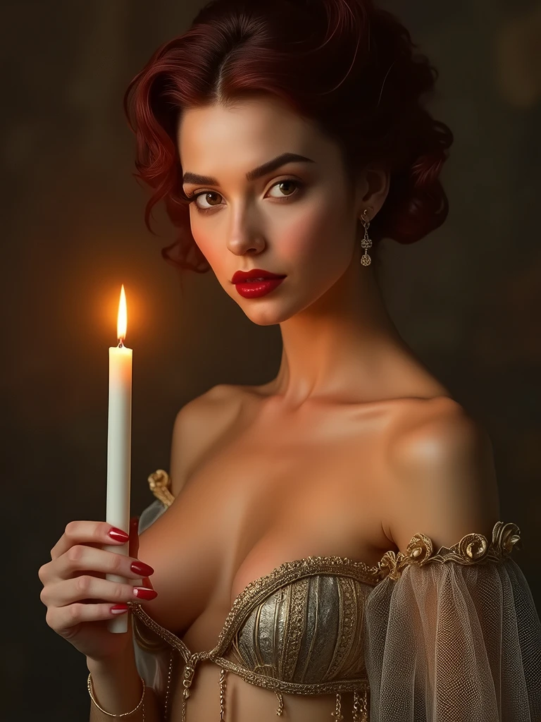 (Masterpiece.UHD.photorealistic) A candle-bearing ultra hot gorgeous European woman. Age 23. epic cleavage (100e size), full red lips. Off shoulder dress. detailed portrait, beautiful eyes, full lips, long eyelashes, random hair color. intricate hairstyle, elegant dress, dramatic lighting, soft warm colors, renaissance style, perfect hands, perfect fingers.