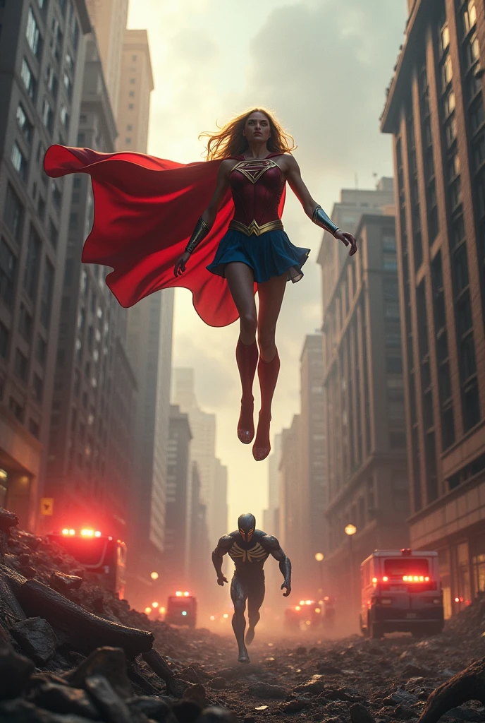 Superwoman flying to venom at destroyed city