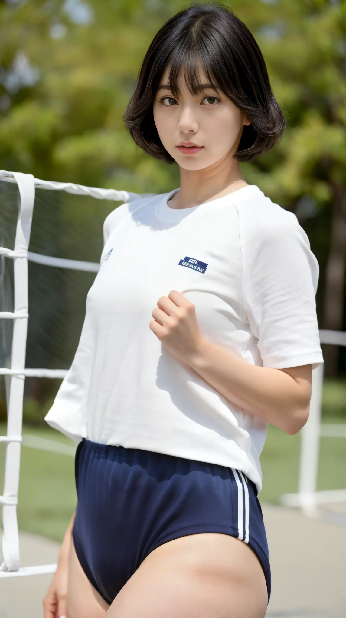 Heisei era、School-issued thick white gym clothes and navy blue bloomers、Camel Toe、Big Tits、Blonde、Short Hair、The ultimate sexual climax、Most beautiful、The most beautiful skin、White semen drips from the slit of the pussy of the thick navy blue bloomers she is wearing.、Angle from which you can see the ceiling from below