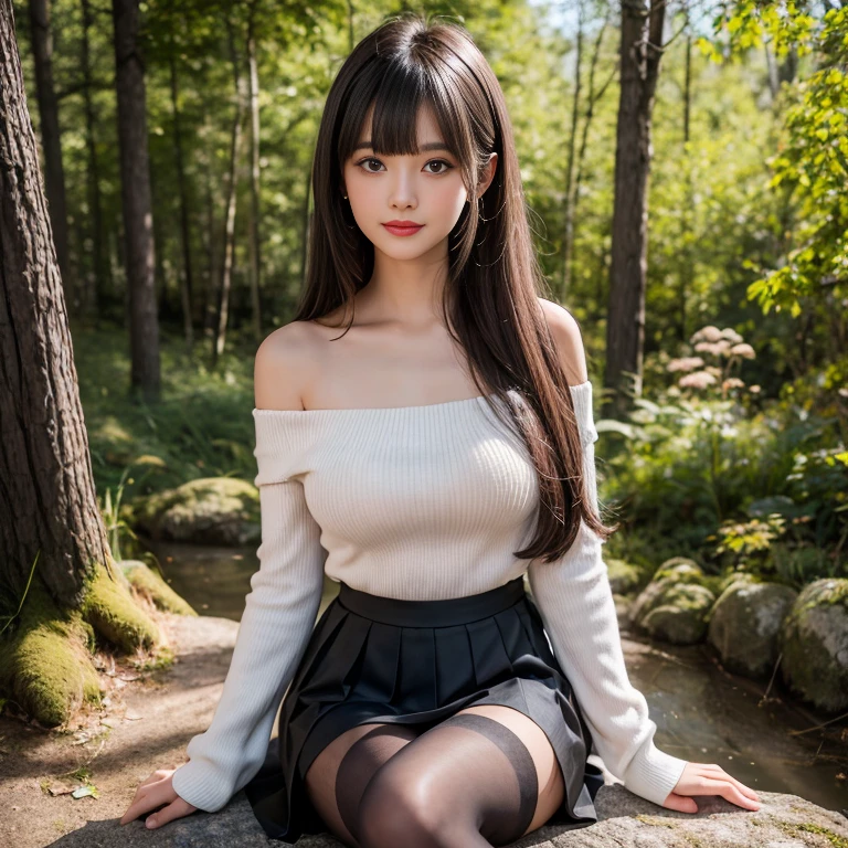 Wearing black pantyhose,long skirt,skirt,Wearing a white pleated skirt, (Wear black stockings),(knee shot), 1 female, On the face, laughing out loud, light brown hair, blunt bangs, hair behind ears, Shoulder length hair, long hair, Slender body type, 超face slimming型, face slimming, delicate lips, beautiful eyes, Thin blush, Eyes are light brown,Check it out here, (actual:1.3), Coniferous forest, One person's perspective, 8k, Super detailed, high quality, best quality, High resolution,,Large Breasts,H Cup, Off-shoulder tops,normal two feet