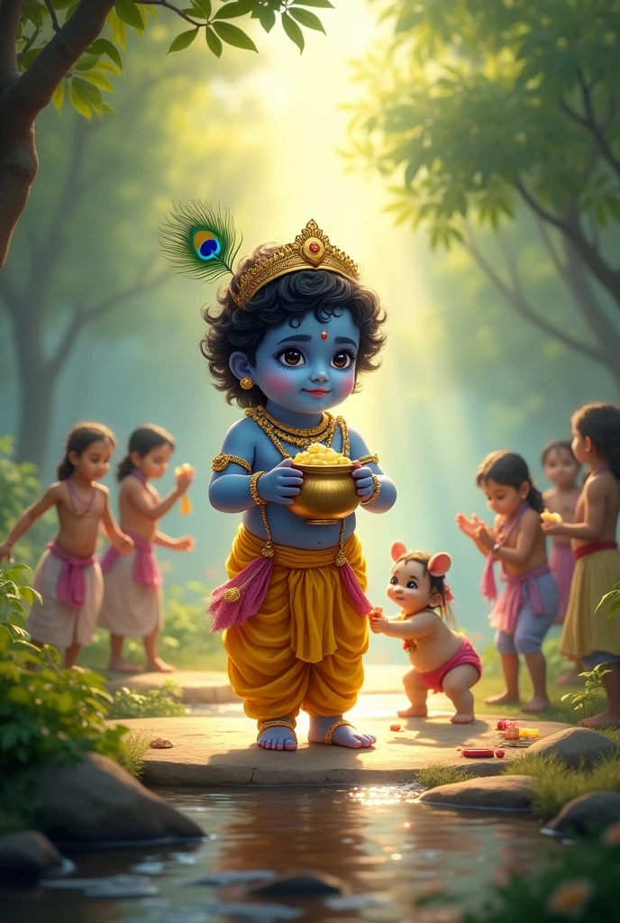 "Depict Lord Krishna as a charming child in a serene and divine scene. He has dark blue skin, is adorned in golden-yellow garments, and wears a crown with a peacock feather. He is holding a pot of butter, surrounded by gopis and cowherd friends, all engaged in playful activities. The background should showcase the lush greenery of Vrindavan, with a riverbank and a soft, divine light illuminating Krishna, highlighting the spiritual essence of Janmashtami."