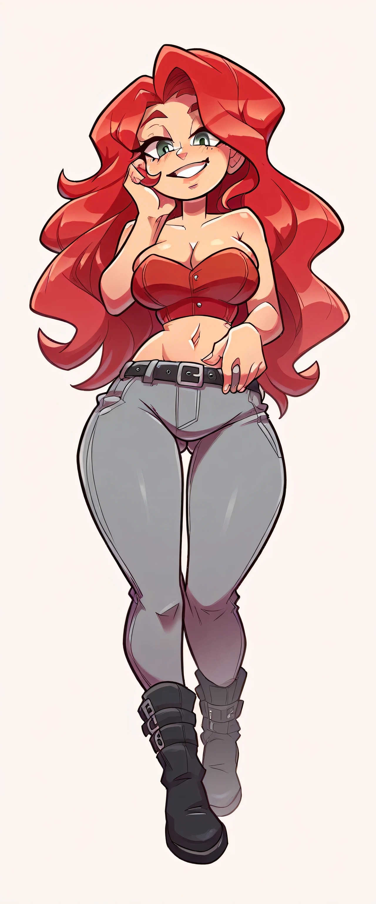  a tall, beautiful, and curvy woman with red wavy hair is depicted. She exudes happiness and sexiness, with a kind expression and striking red-tipped eyelashes. Her eye color is a captivating clear red. She is dressed in a stunning red corset top, revealing her navel, and a fitted gray pant with a black belt. Her outfit is completed by a pair of coffee-colored boots showcasing the character's detailed features and the dynamic