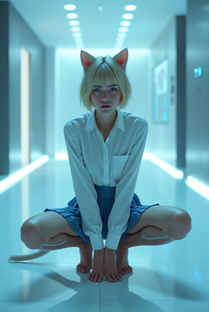 (photorealism:1.2), beautiful woman, swedish, blonde,sad, pensive, assistant, white shirt,legs apart, speading, crouching, pleated blue skirt, white underwear, 18yo, corporate lobby, white floor and ceiling, blue lighting, hologram, projection,looking at camera, short hair, cat ears, cat tail