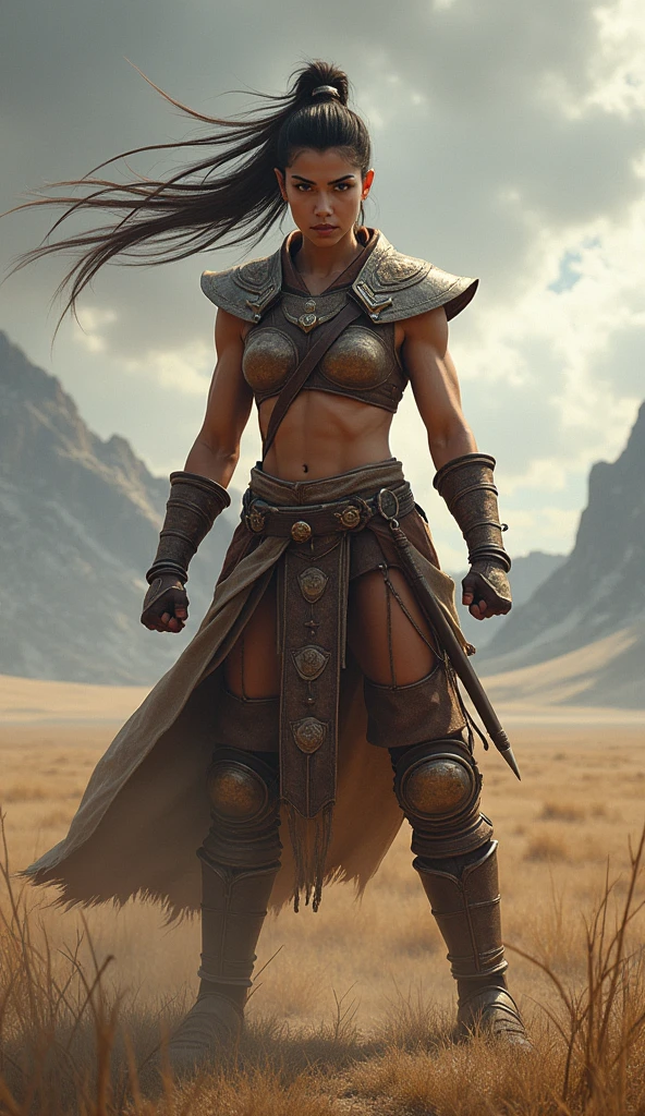 Kutulun, the Mongolian warrior princess, in a fierce wrestling stance, her muscular frame and determined expression ready to face any challenger. The scene is set against the backdrop of the vast Mongolian steppes, under a dramatic sky