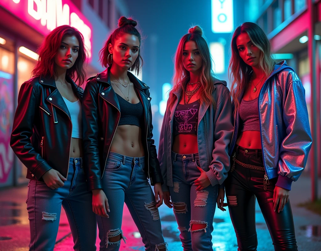 Photorealistic 4K cinematic imagery featuring four diverse women, Each of them is強烈な自信と態度を漂わせる. Their outfits are an edgy blend., Cyberpunk-inspired streetwear and fashion details, The neon-lit setting is captured perfectly., shortage々New rebellious energy, Future World.

Each woman&#39;s look is unique, but、It fits in with the group&#39;s overall aesthetic. One is wearing a sleek leather jacket with neon accents., She paired it with distressed jeans with shiny patches.. The other is、She is wearing a studded denim jacket with holographic details., Her pants have a shiny metallic design.. The third woman is wearing a cropped top., A graphic t-shirt is worn underneath a digitally patterned bomber jacket., Paired with combat boots with glowing flames. The fourth person is、He&#39;s wearing a high-tech hoodie that changes color in neon lights., Pants with futuristic elements, Reflective Panel.

The environment is vibrant, Neon-lit cityscape, but、Unlike a typical arcade setting, This scene、It all takes place in backstreets lit by neon signs and street lights.. The walls are covered with graffiti, In the air、遠くの音楽のざわめきと都市born活のハミングが満ちている. The ground is slippery due to the rain, Reflects neon light, Enhance the cinematic atmosphere.

Women standing together, The attitude is strong and defiant, Each of them is、From intense concentration to cool expressions、Show different expressions, Indifferent confidence. The overall atmosphere is、born々New energy and unwavering strength, Stand out against a dynamic background, The neon-lit urban backdrop adds to the dramatic atmosphere..

[Lighting: Neon and street lights are dramatic, Colorful contrast] [camera: Wide-angle group shots、It captures the intricate details of the costumes and the urban environment.] [solve: 4K, Ultra-realistic] [style: Cyberpunk Fashion, Diverse and Ferocious, Movies and TV dramas] [Inspiration: 未来的なストリートstyle, Bold fashion, Rough streetscape].
