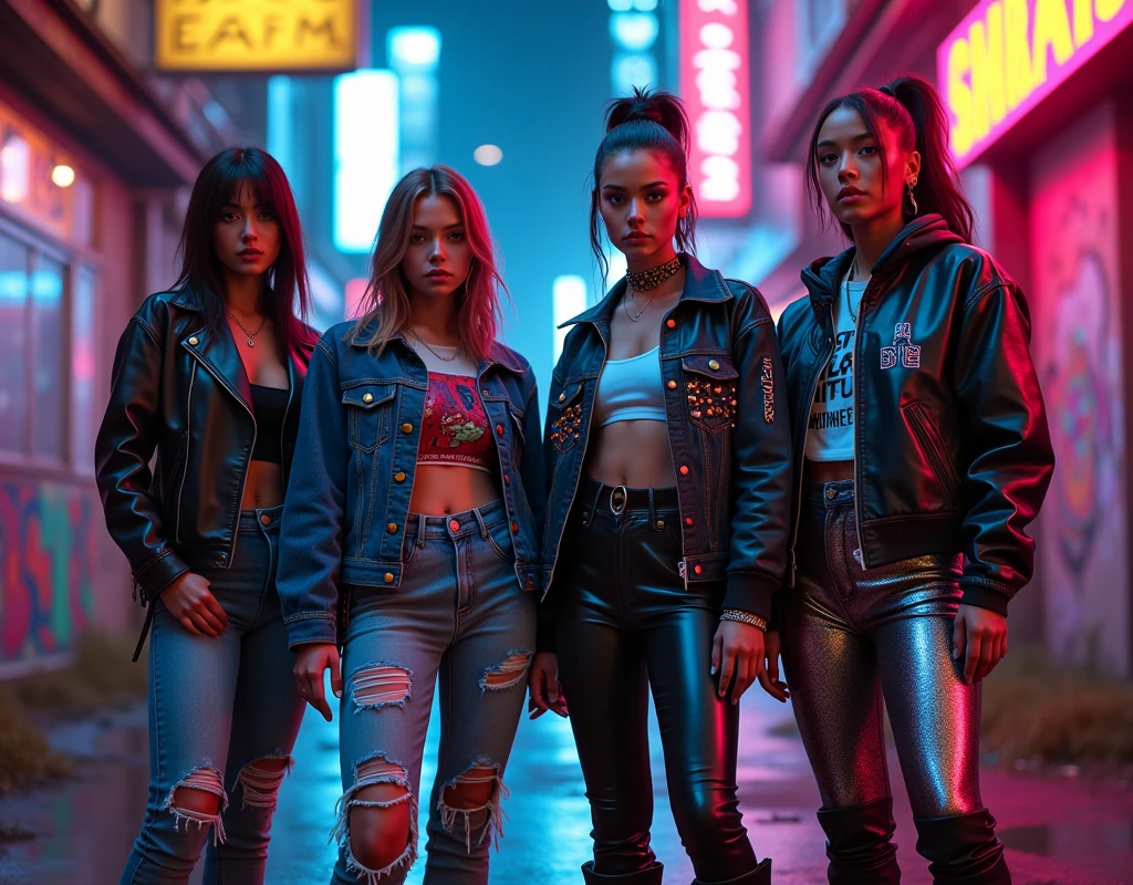Photorealistic 4K cinematic imagery featuring four diverse women, Each of them is強烈な自信と態度を漂わせる. Their outfits are an edgy blend., Cyberpunk-inspired streetwear and fashion details, The neon-lit setting is captured perfectly., shortage々New rebellious energy, Future World.

Each woman&#39;s look is unique, but、It fits in with the group&#39;s overall aesthetic. One is wearing a sleek leather jacket with neon accents., She paired it with distressed jeans with shiny patches.. The other is、She is wearing a studded denim jacket with holographic details., Her pants have a shiny metallic design.. The third woman is wearing a cropped top., A graphic t-shirt is worn underneath a digitally patterned bomber jacket., Paired with combat boots with glowing flames. The fourth person is、He&#39;s wearing a high-tech hoodie that changes color in neon lights., Pants with futuristic elements, Reflective Panel.

The environment is vibrant, Neon-lit cityscape, but、Unlike a typical arcade setting, This scene、It all takes place in backstreets lit by neon signs and street lights.. The walls are covered with graffiti, In the air、遠くの音楽のざわめきと都市born活のハミングが満ちている. The ground is slippery due to the rain, Reflects neon light, Enhance the cinematic atmosphere.

Women standing together, The attitude is strong and defiant, Each of them is、From intense concentration to cool expressions、Show different expressions, Indifferent confidence. The overall atmosphere is、born々New energy and unwavering strength, Stand out against a dynamic background, The neon-lit urban backdrop adds to the dramatic atmosphere..

[Lighting: Neon and street lights are dramatic, Colorful contrast] [camera: Wide-angle group shots、It captures the intricate details of the costumes and the urban environment.] [solve: 4K, Ultra-realistic] [style: Cyberpunk Fashion, Diverse and Ferocious, Movies and TV dramas] [Inspiration: 未来的なストリートstyle, Bold fashion, Rough streetscape].

