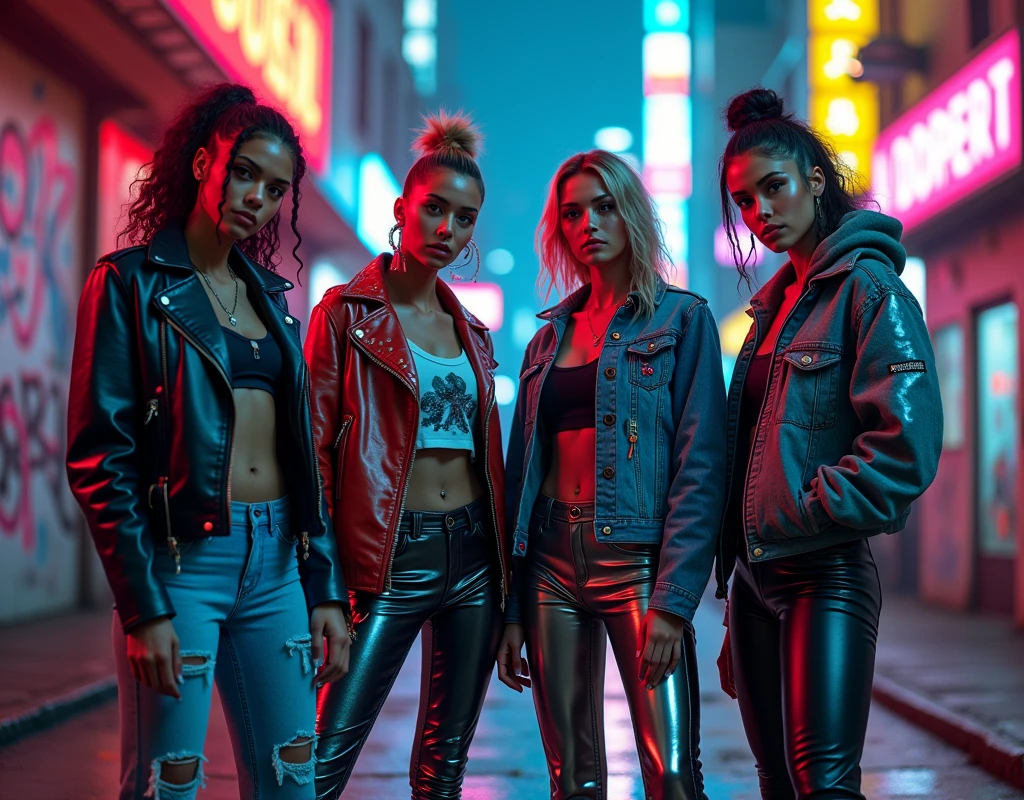 Photorealistic 4K cinematic imagery featuring four diverse women, Each of them is強烈な自信と態度を漂わせる. Their outfits are an edgy blend., Cyberpunk-inspired streetwear and fashion details, The neon-lit setting is captured perfectly., shortage々New rebellious energy, Future World.

Each woman&#39;s look is unique, but、It fits in with the group&#39;s overall aesthetic. One is wearing a sleek leather jacket with neon accents., She paired it with distressed jeans with shiny patches.. The other is、She is wearing a studded denim jacket with holographic details., Her pants have a shiny metallic design.. The third woman is wearing a cropped top., A graphic t-shirt is worn underneath a digitally patterned bomber jacket., Paired with combat boots with glowing flames. The fourth person is、He&#39;s wearing a high-tech hoodie that changes color in neon lights., Pants with futuristic elements, Reflective Panel.

The environment is vibrant, Neon-lit cityscape, but、Unlike a typical arcade setting, This scene、It all takes place in backstreets lit by neon signs and street lights.. The walls are covered with graffiti, In the air、遠くの音楽のざわめきと都市born活のハミングが満ちている. The ground is slippery due to the rain, Reflects neon light, Enhance the cinematic atmosphere.

Women standing together, The attitude is strong and defiant, Each of them is、From intense concentration to cool expressions、Show different expressions, Indifferent confidence. The overall atmosphere is、born々New energy and unwavering strength, Stand out against a dynamic background, The neon-lit urban backdrop adds to the dramatic atmosphere..

[Lighting: Neon and street lights are dramatic, Colorful contrast] [camera: Wide-angle group shots、It captures the intricate details of the costumes and the urban environment.] [solve: 4K, Ultra-realistic] [style: Cyberpunk Fashion, Diverse and Ferocious, Movies and TV dramas] [Inspiration: 未来的なストリートstyle, Bold fashion, Rough streetscape].
