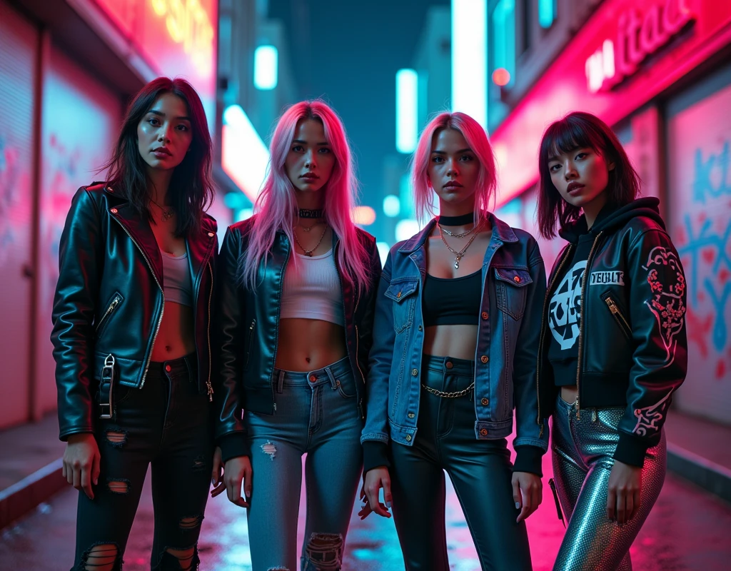 Photorealistic 4K cinematic imagery featuring four diverse women, Each of them is強烈な自信と態度を漂わせる. Their outfits are an edgy blend., Cyberpunk-inspired streetwear and fashion details, The neon-lit setting is captured perfectly., shortage々New rebellious energy, Future World.

Each woman&#39;s look is unique, but、It fits in with the group&#39;s overall aesthetic. One is wearing a sleek leather jacket with neon accents., She paired it with distressed jeans with shiny patches.. The other is、She is wearing a studded denim jacket with holographic details., Her pants have a shiny metallic design.. The third woman is wearing a cropped top., A graphic t-shirt is worn underneath a digitally patterned bomber jacket., Paired with combat boots with glowing flames. The fourth person is、He&#39;s wearing a high-tech hoodie that changes color in neon lights., Pants with futuristic elements, Reflective Panel.

The environment is vibrant, Neon-lit cityscape, but、Unlike a typical arcade setting, This scene、It all takes place in backstreets lit by neon signs and street lights.. The walls are covered with graffiti, In the air、遠くの音楽のざわめきと都市born活のハミングが満ちている. The ground is slippery due to the rain, Reflects neon light, Enhance the cinematic atmosphere.

Women standing together, The attitude is strong and defiant, Each of them is、From intense concentration to cool expressions、Show different expressions, Indifferent confidence. The overall atmosphere is、born々New energy and unwavering strength, Stand out against a dynamic background, The neon-lit urban backdrop adds to the dramatic atmosphere..

[Lighting: Neon and street lights are dramatic, Colorful contrast] [camera: Wide-angle group shots、It captures the intricate details of the costumes and the urban environment.] [solve: 4K, Ultra-realistic] [style: Cyberpunk Fashion, Diverse and Ferocious, Movies and TV dramas] [Inspiration: 未来的なストリートstyle, Bold fashion, Rough streetscape].
