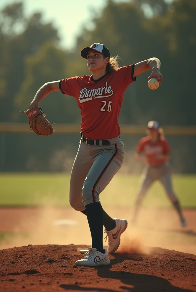 Make a picture of a softball player (throwing and pitching) make a cool camera angle with cool effect when throwing and pitching 