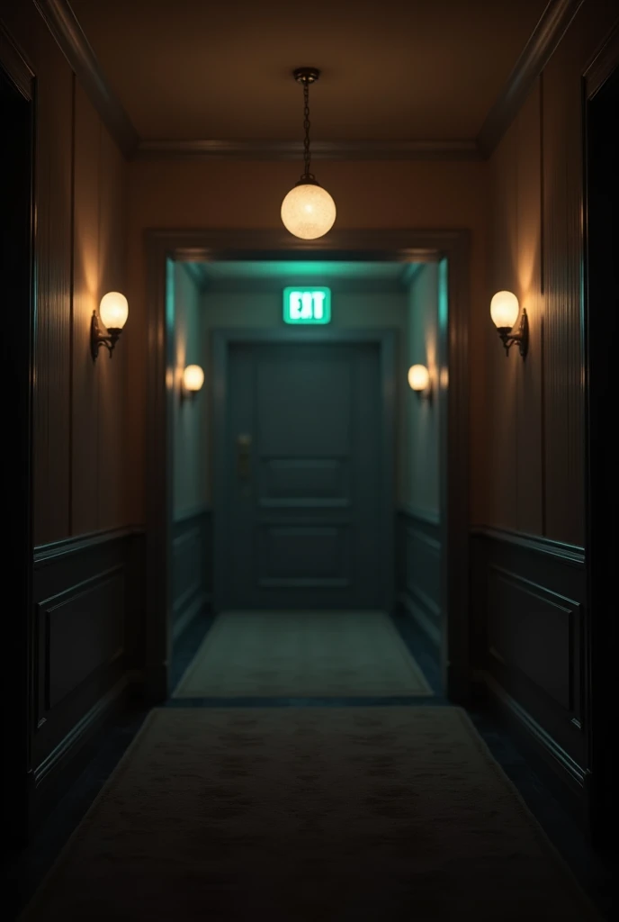 Create a non-scary image of a dark hotel hallway with an exit sign 
