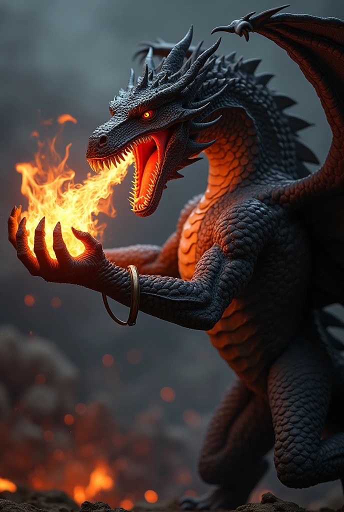 "A dragon's mouth, with its teeth bared, and fire blazing out of it. The dragon's body is wrapped around my elbow, as if it's grasping my arm with its claws. Use red and orange hues for the fire, and black and grey for the dragon's body. The dragon's expressions should convey power and intensity, and the flames should radiate heat and energy."