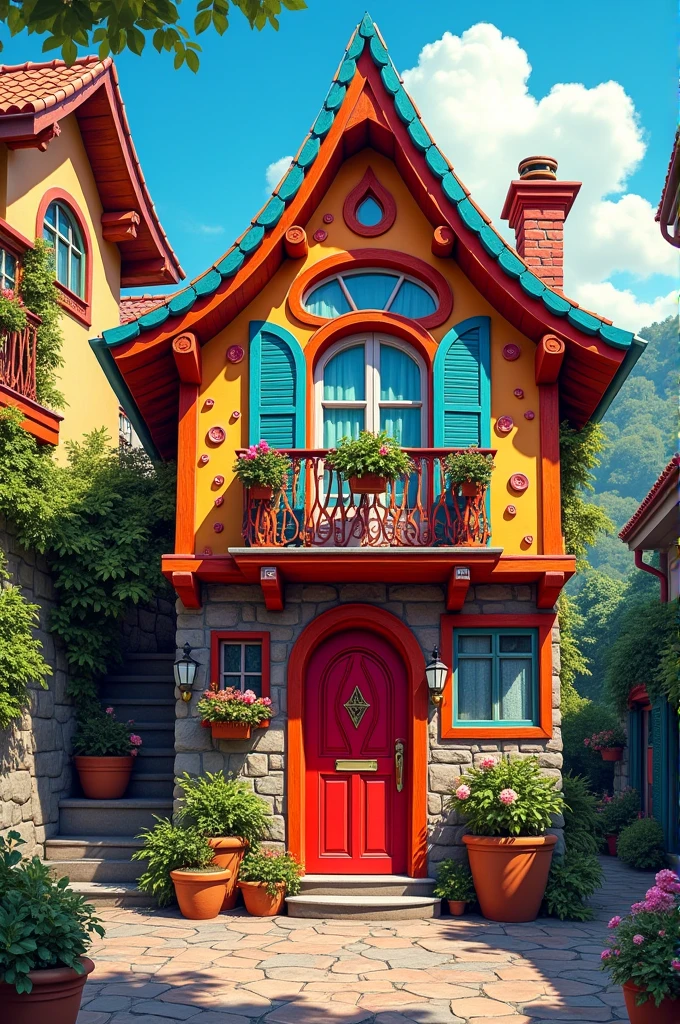 there is a picture of a house with a red door and a red door, colorful house, details and vivid colors, rich picturesque colors, vibrant and vivid color, colorful houses, beautifully painted, vibrant and vivid, vibrant and colorful, full of colors, detailed and bright, vibrant composition and color, colorful architecture, full of colors and rich detail, vivid and colorful