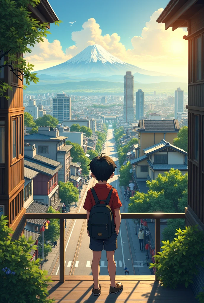 A young student looks out from his school's Teresa at a beautiful landscape of the city of Japan