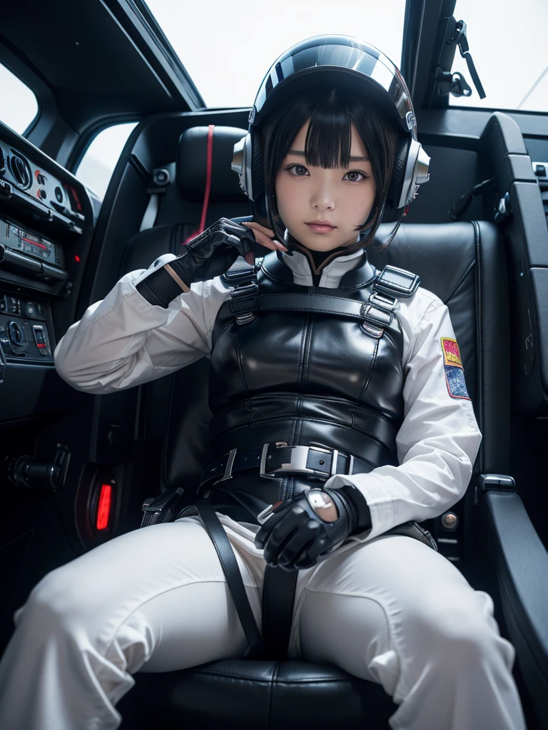 masterpiece, Highest quality, Very detailed, Japanese Android girl, Beautiful 2 Japanese woman, Plump,Control panel,Android,cyborg,Blunt bangs,Sitting in the cockpit and piloting,The control stick is in the center of the seat.,Combatant,He is secured to his seat by a black harness belt.,Full-face helmet,