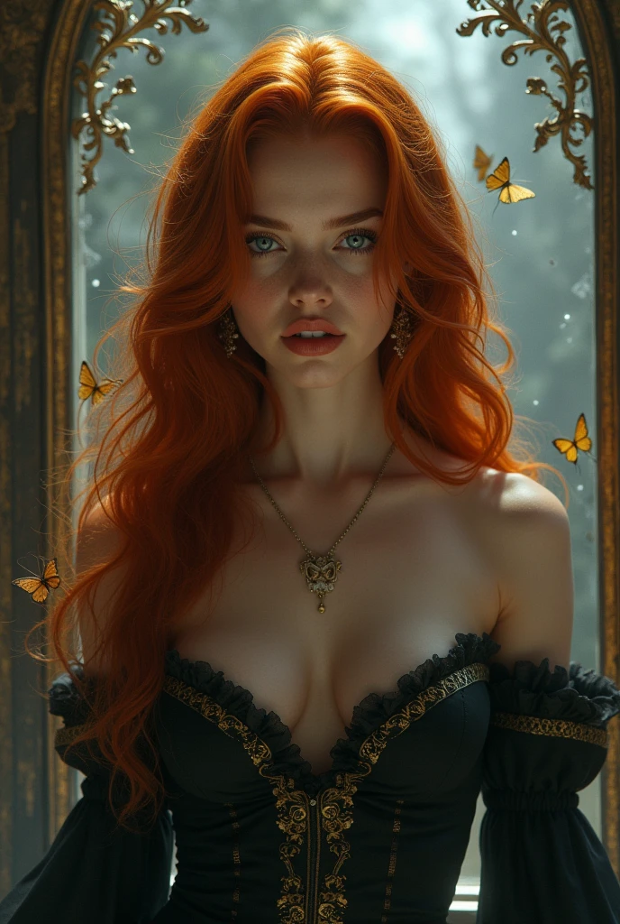 (solo, full body photo:1.3), (action packed:1.3), (haze, fog, mist:1.3), chiaroscuro, best quality, photorealistic, 1woman, (cute), (24yo:1.2), redhead, long ginger hair highly detailed, 1700'S, digital photography, art by artgerm and ruan jia and greg rutkowski surreal painting gold butterfly filigree, broken glass, (masterpiece, sidelighting, finely detailed Fashionable eyes: 1.2) (perfect oval large eyes that gazes at the viewer), beautiful detailed face, blue gorgeous perfect eyes, (blonde hair ponytail), (attractive young woman:1.3), (thick amazing hair), (seductive:1.1), (blushing:1.1)