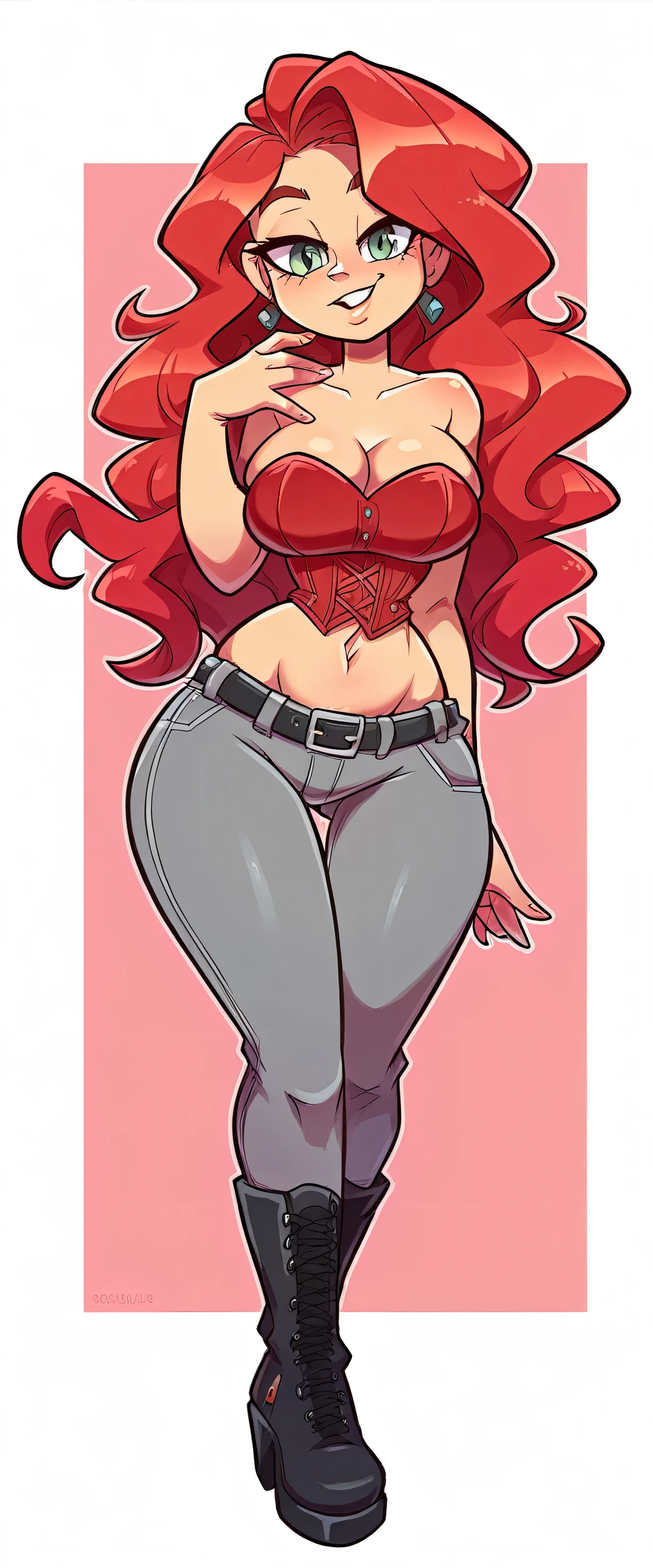  a tall woman huge happy big breast sexy beauty tenderness wavy red hair her light red eye big black eyelash dresses bright red corset top shows navel and gray pants wearing black belt brown boot 