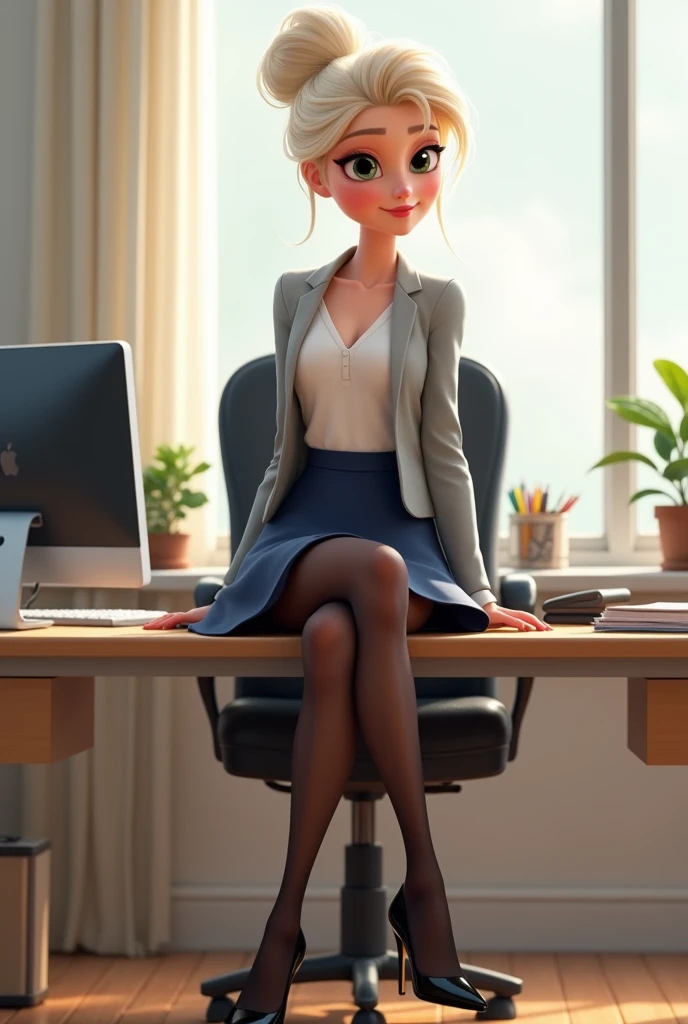 "Create an image of a Pixar-style character inspired by Elsa from Frozen. She has fair skin, platinum blonde hair styled in a neat, professional updo, with a few loose strands framing her face. She is wearing a chic office outfit, consisting of a fitted white blouse tucked into a short, flared navy blue miniskirt. She is wearing sheer black tights and black high heels. Her look is completed with a sleek light grey blazer. The background should resemble a modern office environment with a minimalist design, with a desk, a computer, and some office supplies. Make sure the image maintains the distinctive, expressive facial features and exaggerated proportions typical of Pixar characters, such as large, expressive eyes and a slightly rounded face." NFSW, nice legs, she's sitting at a desk with her legs spread, show panties, full body, black stockings, she's hot, model NSFW, open legs, show panties, show boobs