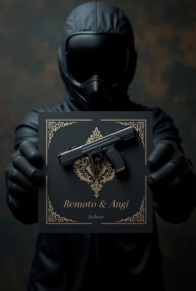I would like to create a wedding invitation. The people getting married are called Remato and Angi. I would like their names to appear there and the time at 6 pm. Could you put the Mw3 tactical konig with a dark mask holding the names or just in the background? 