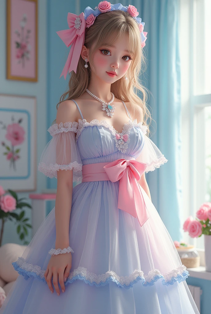 (Highest quality、masterpiece、8k、Best image quality、Hyperrealism、Award-winning works)、1 cute beautiful girl、(alone:1.1)、(1 photo:1.1)、(cute, Girlish, A sheer lolita dress in light pink and light blue:1.2)、(Cute Girlish big ribbon:1.1)、(Cute and luxurious hair accessories:1.1)、(The perfect Lolita dress with attention to detail:1.2)、(A cute dress with frills and ribbons:1.1)、(cute lolita dress with lace decorations:1.1)、(Cute Girlish lolita wavy hair:1.1)、(Low length:1.1)、(height: 140cm:1.1)、(Very large breasts:1.5)、(Glamorous Body:1.5)、(Big cleavage:1.5)、(Pink Roses:1.1)、(cute heart symbol:1.1)、Cute Lots of frills、(Big cute ribbon:1.1)、Accentuate your body lines、Slender body、Standing Elegantly、(Pastel color Girlish and luxurious lolita room background:1.1)、(A fairytale lolita room with attention to detail:1.1)、(cute light blue decorative wall:1.2)、(cute room with a Girlish atmosphere in pastel colors:1.1)、(cute room with very bright and shiny pastel colors:1.4)、(A very bright and shiny room:1.2)、(Full of pastel colors:1.2)、(very bright and vivid:1.4)、(cute pastel color wall decoration:1.2)、Blurred Background、Standing Elegantly Girl、Accurate anatomy、Perfect Makeup、Long eyelashes、Glossy Lips、Ultra HD glossy skin、(Ultra-high definition, bright and beautiful skin:1.2)、(Super bright and radiant skin:1.2)、Ultra-high definition glossy lips、Ultra-high definition beautiful teeth、Light brown and blonde hair、Light brown eyes