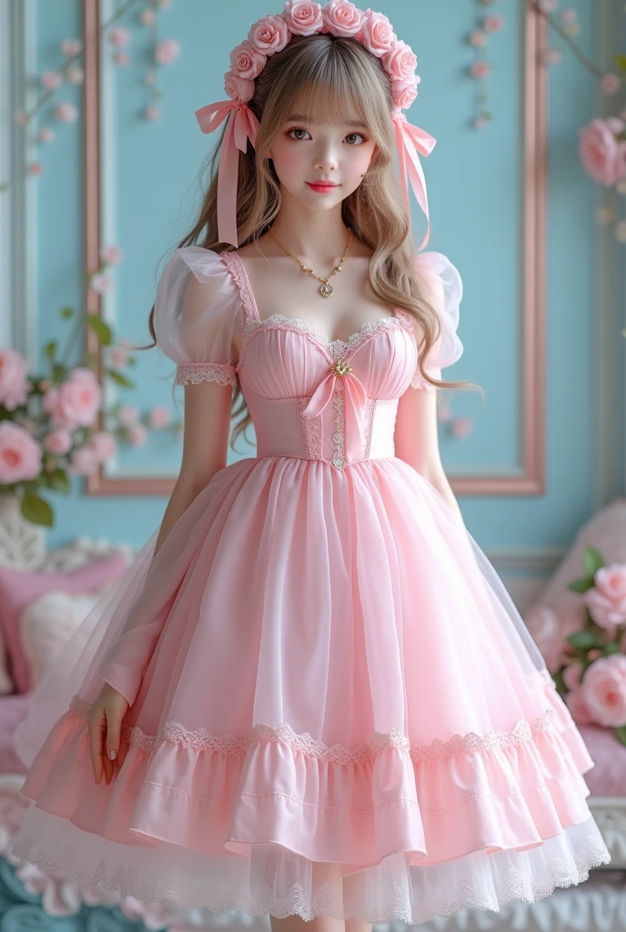 (Highest quality、masterpiece、8k、Best image quality、Hyperrealism、Award-winning works)、1 cute beautiful girl、(alone:1.1)、(1 photo:1.1)、(cute, Girlish, A sheer ta dress in light pink and light blue:1.2)、(Cute Girlish big ribbon:1.1)、(Cute and luxurious hair accessories:1.1)、(The perfect Loliress with attention to detail:1.2)、(A cute dress with frills and ribbons:1.1)、(cute lolita d with lace decorations:1.1)、(Cute Girlish lolita wavy :1.1)、(Low length:1.1)、(height: 140cm:1.1)、(Very large breasts:1.5)、(Glamorous Body:1.5)、(Big cleavage:1.5)、(Pink Roses:1.1)、(cute heart symbol:1.1)、Cute Lots of frills、(Big cute ribbon:1.1)、Accentuate your body lines、Slender body、Standing Elegantly、(Pastel color Girlish and luxurious lolita room backnd:1.1)、(A fairytale lolita room with atton to detail:1.1)、(cute light blue decorative wall:1.2)、(cute room with a Girlish atmosphere in pastel colors:1.1)、(cute room with very bright and shiny pastel colors:1.4)、(A very bright and shiny room:1.2)、(Full of pastel colors:1.2)、(very bright and vivid:1.4)、(cute pastel color wall decoration:1.2)、Blurred Background、Standing Elegantly Girl、Accurate anatomy、Perfect Makeup、Long eyelashes、Glossy Lips、Ultra HD glossy skin、(Ultra-high definition, bright and beautiful skin:1.2)、(Super bright and radiant skin:1.2)、Ultra-high definition glossy lips、Ultra-high definition beautiful teeth、Light brown and blonde hair、Light brown eyes