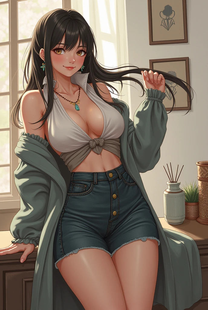 (masterpiece, best quality, highres, ultra-detailed), 1woman, solo, wavy dark hair, messy bun hair, green eyes, almond eyes, perfect face, big breasts, (slight smile:0.9), detailed eyes and face, crochet long sweater, shorts, openwork, sandals, indoors, fullbody