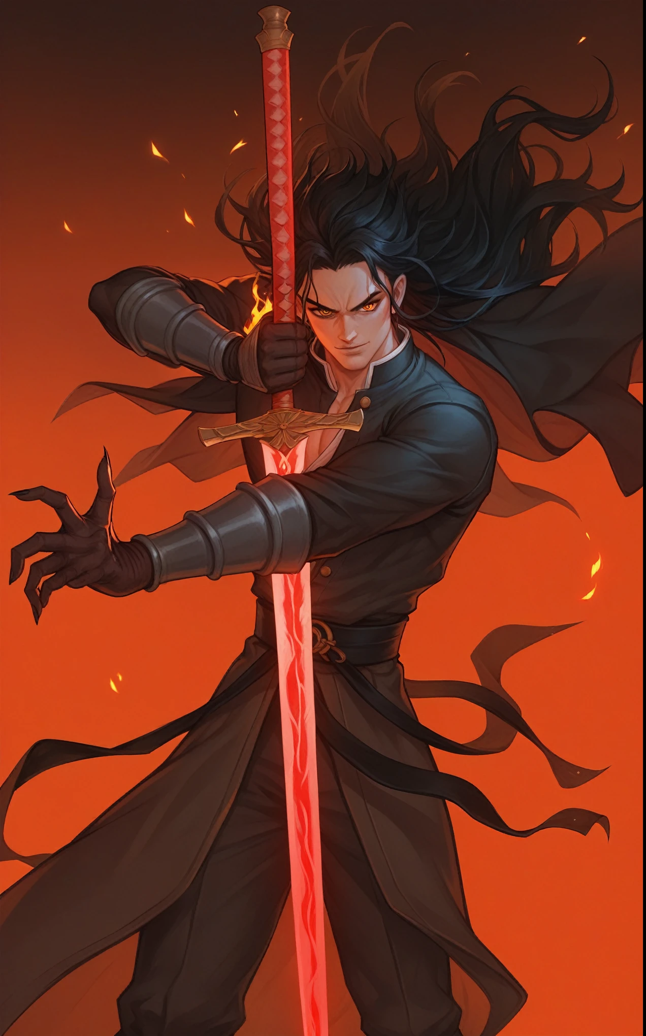 anime - style image of a man with a sword in her hand, handsome guy in demon slayer art, demon slayer artstyle, demon slayer rui fanart, with large sword, by Yang J, holds a black sword, holding a flaming sword, badass anime 8 k, she is holding a sword, artgerm and atey ghailan, alucard, demon slayer