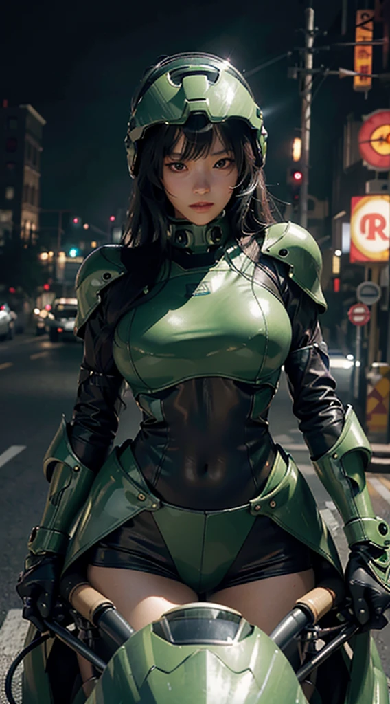 Highest image quality, outstanding details, ultra-high resolution, (realism: 1.4), the best illustration, favor details, highly condensed 1girl, with a delicate and beautiful face, dressed in a black and green mecha, wearing a mecha helmet, holding a directional controller, riding on a motorcycle, the background is a high-tech lighting scene of the future city.