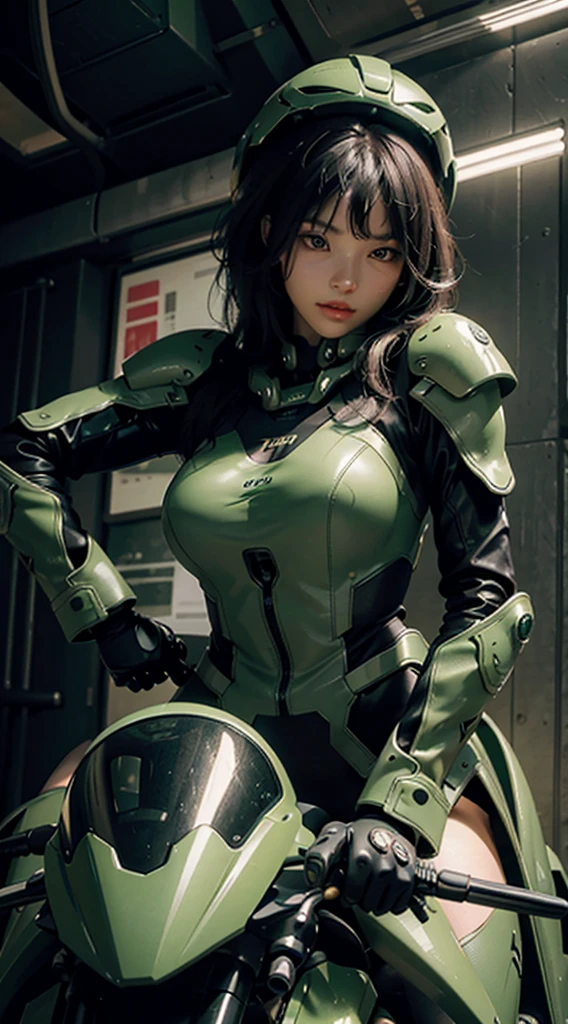 Highest image quality, outstanding details, ultra-high resolution, (realism: 1.4), the best illustration, favor details, highly condensed 1girl, with a delicate and beautiful face, dressed in a black and green mecha, wearing a mecha helmet, holding a directional controller, riding on a motorcycle, the background is a high-tech lighting scene of the future city.