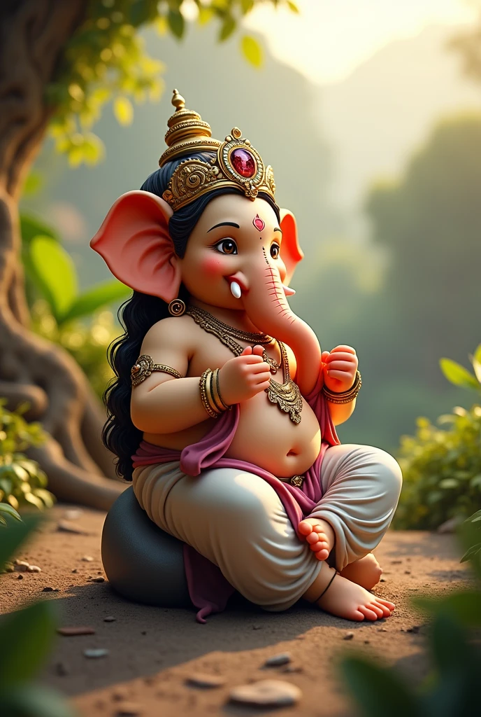 (photorealism:1.2), Lord Bal Ganesh, sitting on Mouse, pajama pants, long curly hair, outdoors, soft lighting, plants in background, nature view, relaxed pose, realistic, intricate details, warm colors