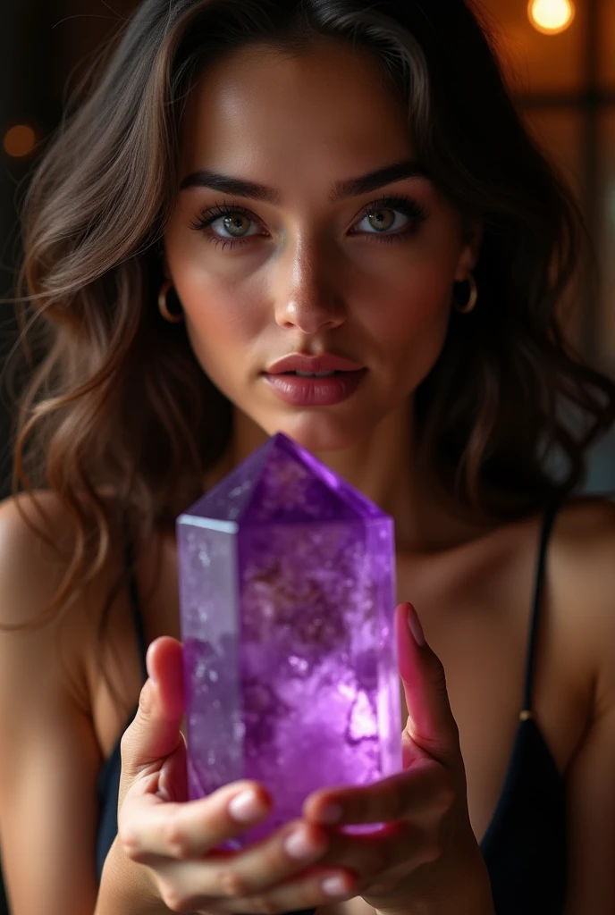 A curvaceous, alluring young woman captured with an 8K DSLR camera. The scene is erotic yet tastefully executed, with a meticulously detailed face highlighting her stunning eyes, full lips, and long, fluttering eyelashes. She is posed provocatively, with dramatic lighting that enhances her figure and creates a cinematic atmosphere. The image is framed to perfection, using warm color tones that make her glowing skin radiate. She holds a vibrant, violet amethyst quartz in her hands, the gemstone’s deep hue contrasting beautifully with her flawless, photorealistic complexion. This masterpiece is of the highest quality, rendered in 4K resolution