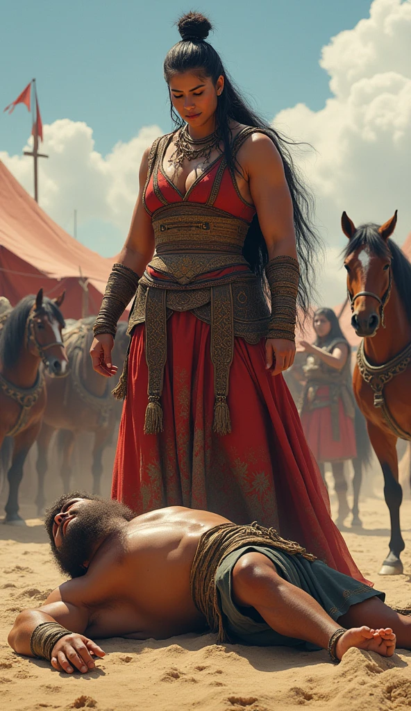 Kutulun defeating a male suitor in a wrestling match, her strength and skill clearly overpowering him. The background shows other Mongolian warriors and horses watching in admiration.