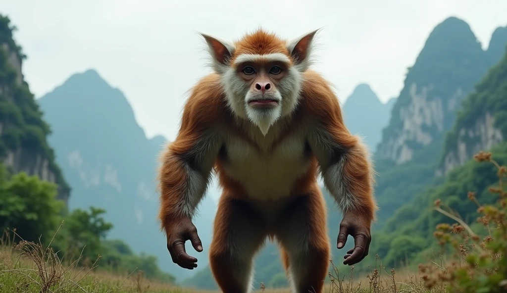 Panoramic front view,There is a wild beast in the mountains of Guilin,It looks like a brown monkey and its ears are white.,Standing upright like a human(best quality,4K,8k,High level,masterpiece:1.2),Ultra Detailed,(lifelike,Photo real,Photo real:1.37)