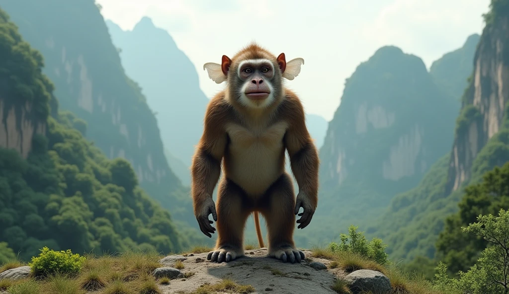 Panoramic front view,There is a wild beast in the mountains of Guilin,It looks like a brown monkey and its ears are white.,Standing upright like a human(best quality,4K,8k,High level,masterpiece:1.2),Ultra Detailed,(lifelike,Photo real,Photo real:1.37)