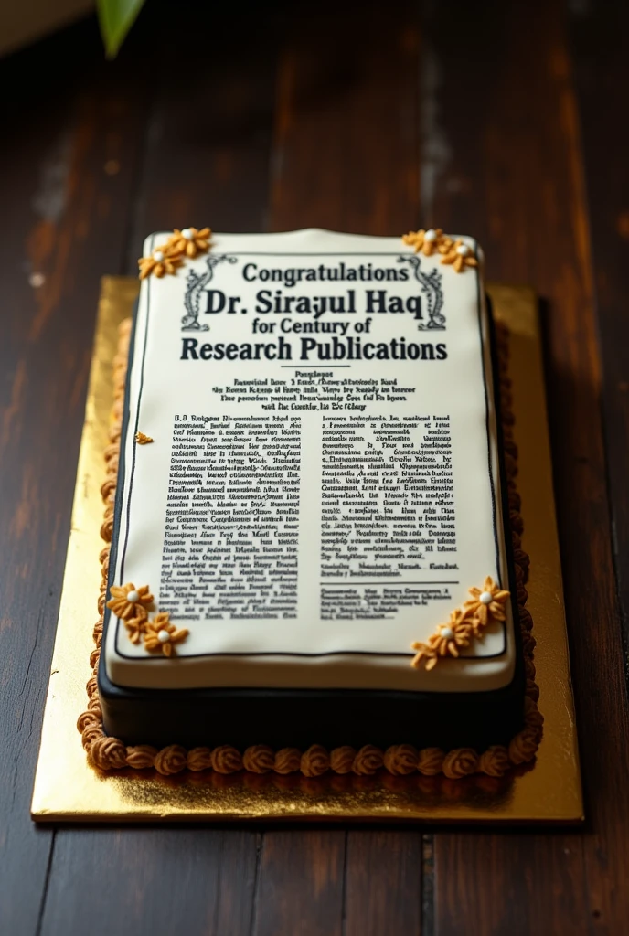 Generate an AI image of a cream cake of black and golden theme that have a rectangular shape and the content written on it must be like a research paper. The title of the paper must be "Congratulations Dr. Sirajul Haq for century of research publications". It must have layout similar to research papers of any international journal of chemistry, add appropriate content for congratulating Dr. Sirajul Haq.