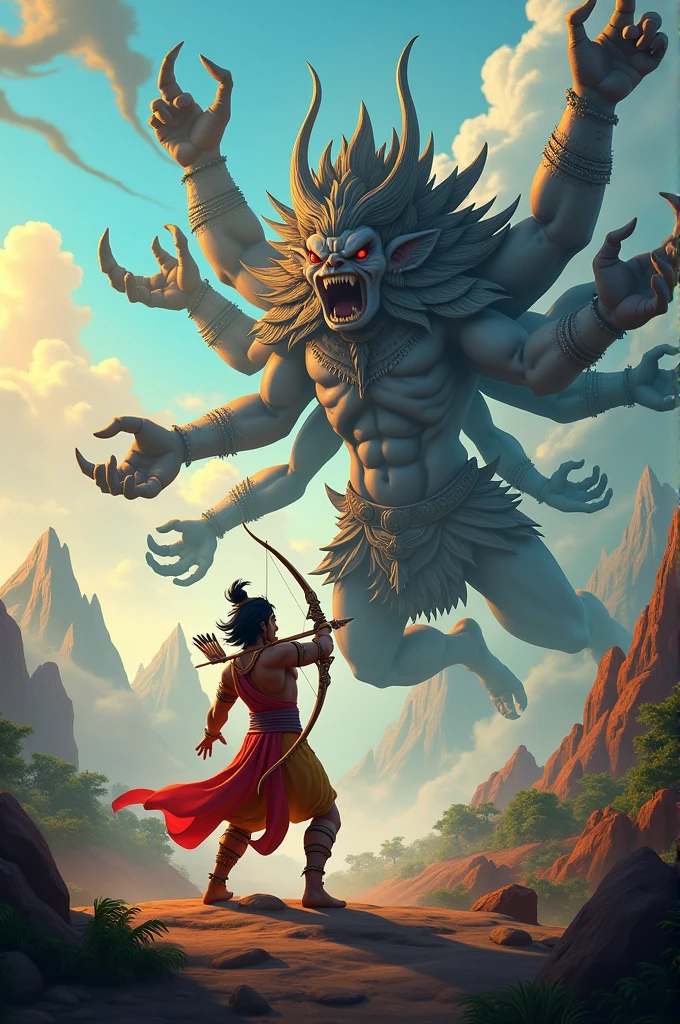 In cinematic 3d cartoon style"where Lord Rama and Ravana are engaged in an intense fight."