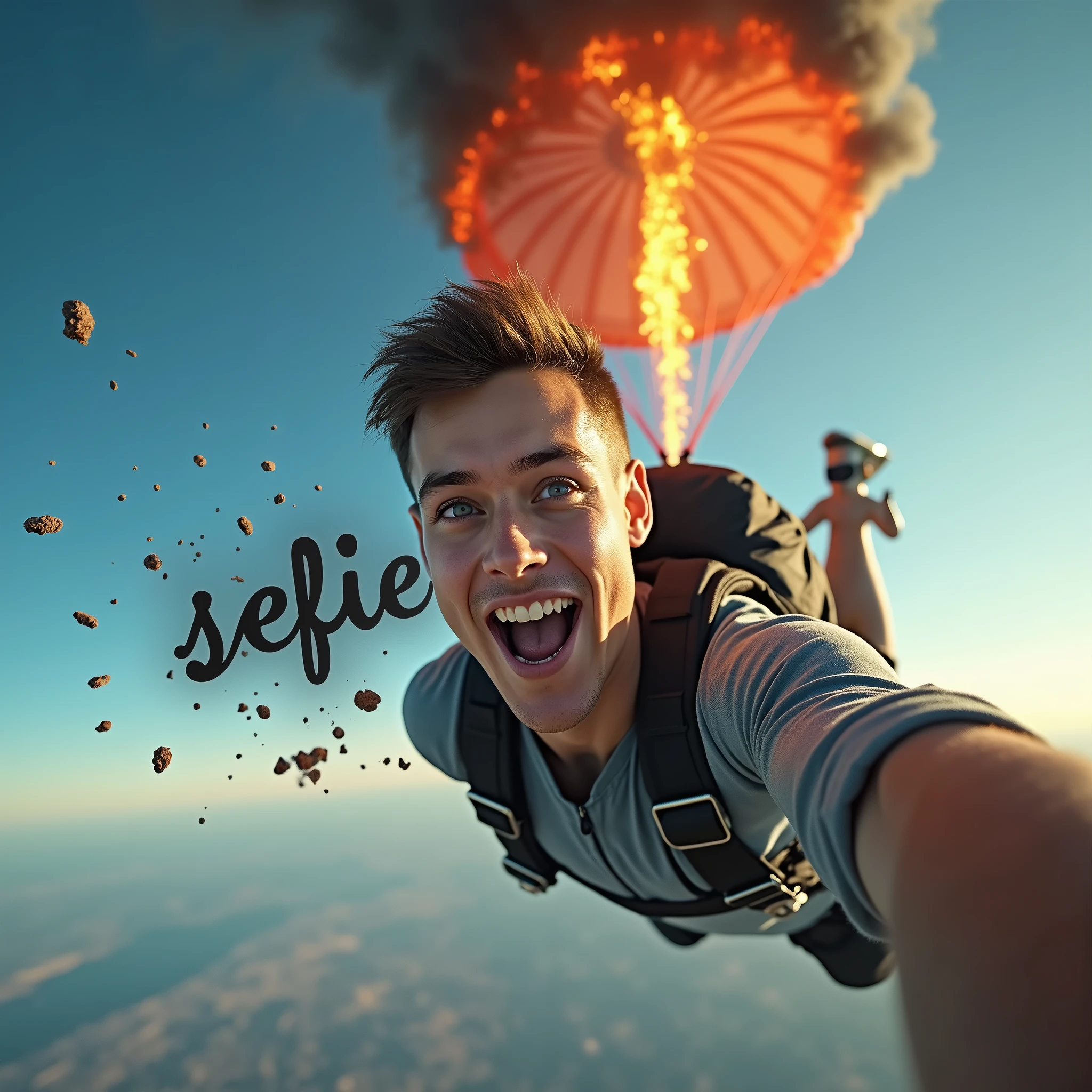 ((Last selfie. A photorealistic image captures a young man mid-air, taking a selfie as he descends with a parachute. His expression is a mix of excitement and disbelief, with a wide grin and raised eyebrows. However, the situation is far from ordinary—the parachute behind him is visibly on fire. Bright orange flames and thick smoke trail from the burning fabric, quickly spreading across the canopy. The vibrant blue sky contrasts sharply with the chaos unfolding above him, while small embers and ashes drift around. The background shows the earth far below, with no safety in sight, creating a surreal and perilous scene. Despite the imminent danger, the young man remains focused on capturing the moment, oblivious to the gravity of his predicament. Oopps.)).
(Suspended in the air between scene and the viewer, a translucent, almost ghostly black message reads exactly: "Last selfie!". The text appears as if it's floating, blurred at the edges, with the letters formed from a faint mist or dark black smoke that lingers in the space. The smoky words are readable, though not overly bright, hovering just in front of his gaze, creating a surreal yet powerful effect. Text exactly says: "Last selfie!". Text says: "Last selfie!". semi-transparent text that reads 'Last selfie!' in a dramatic, bold font. The text almost acts as a title, floating in the air, partially obscuring the scene but enhancing the overall tension and urgency of the moment.)