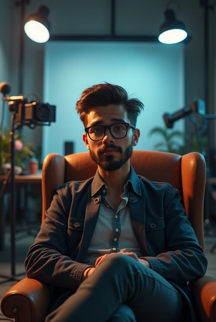 A young boy with beard, glasses, sitting on a chair with cinematic YouTube studio 