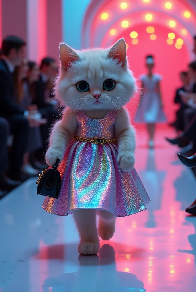 (photorealism:1.2), cute cat wearing iridescent dress and black bag walking on the runway 