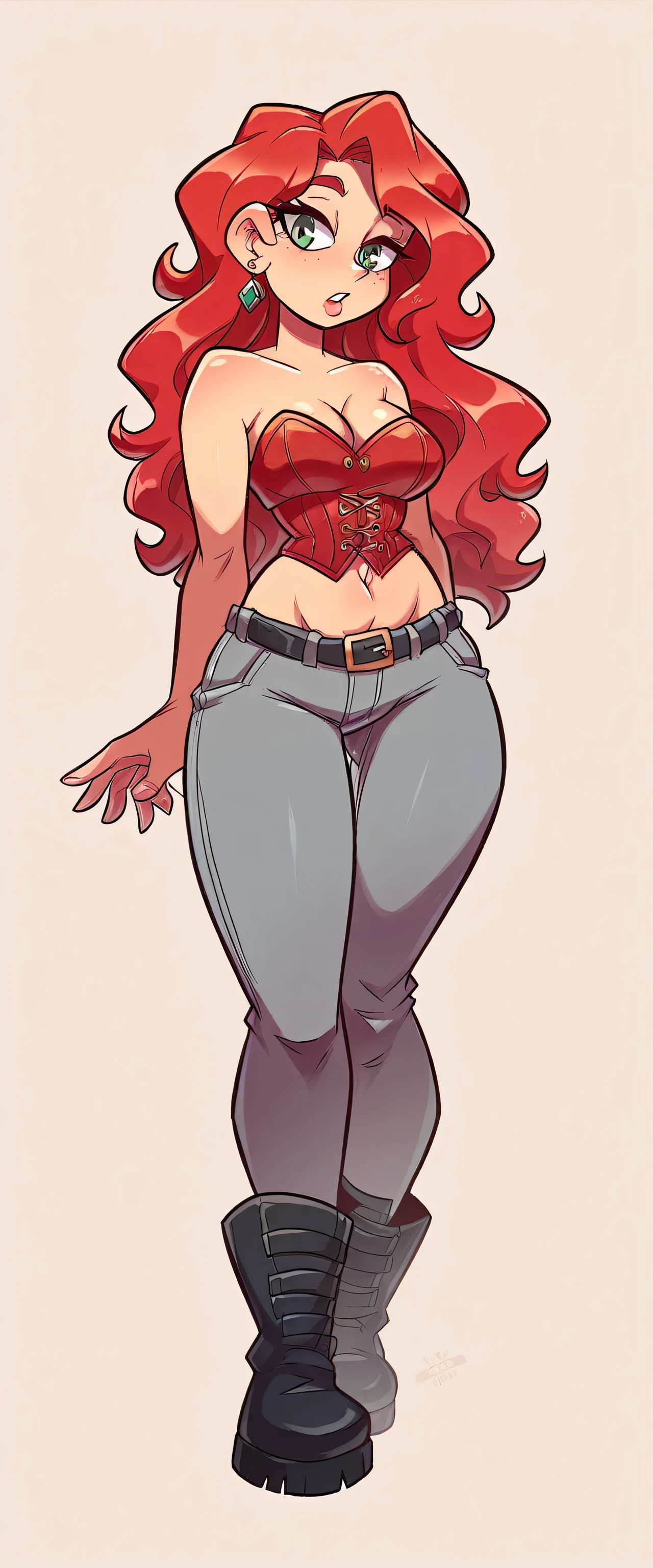 a tall, beautiful, and curvy woman with red wavy hair is depicted. She exudes happiness and sexiness, with a kind expression and striking red-tipped eyelashes. Her eye color is a captivating clear red. She is dressed in a stunning red corset top, revealing her navel, and a fitted gray pant with a black belt. Her outfit is completed by a pair of coffee-colored boots showcasing the character's detailed features and the dynamic