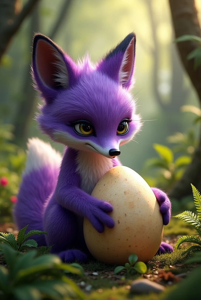 a highly detailed, photorealistic purple fox, hatching an ostrich egg in a lush forest, cute and whimsical, intricate details, warm lighting, vibrant colors, (best quality,4k,8k,highres,masterpiece:1.2),ultra-detailed,(realistic,photorealistic,photo-realistic:1.37),extremely detailed fox,beautiful detailed eyes,beautiful detailed fur,extremely detailed ostrich egg,lush green forest,warm sunlight,soft lighting,magical atmosphere,whimsical fantasy,Eggs are smooth