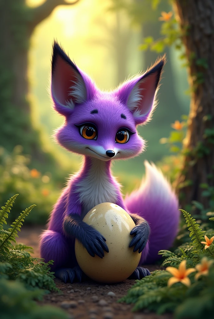 a highly detailed, photorealistic purple fox, hatching an ostrich egg in a lush forest, cute and whimsical, intricate details, warm lighting, vibrant colors, (best quality,4k,8k,highres,masterpiece:1.2),ultra-detailed,(realistic,photorealistic,photo-realistic:1.37),extremely detailed fox,beautiful detailed eyes,beautiful detailed fur,extremely detailed ostrich egg,lush green forest,warm sunlight,soft lighting,magical atmosphere,whimsical fantasy,Eggs are smooth