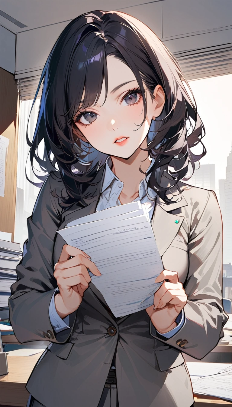 1female, solo, side parted hairstyle, black hair, black eyes, beige lips, 50 years old, wear a gray suit, see the documents at hand, company office, looking at viewer, opened mouth