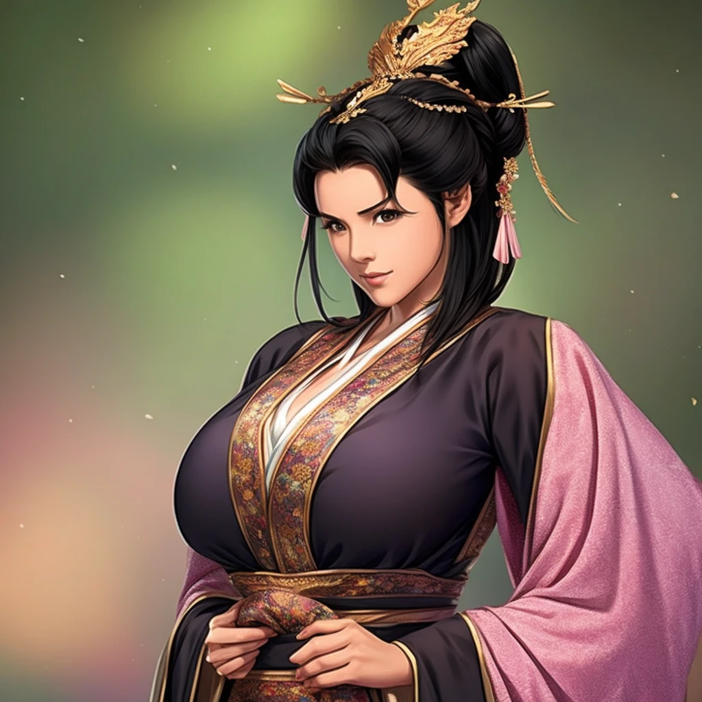 1girl, ((muscular body:1)), intricate, kimono, (eyeliner:1.2), looking at viewer,jewelry, detailed background,huge breasts (masterpiece, high quality:1),