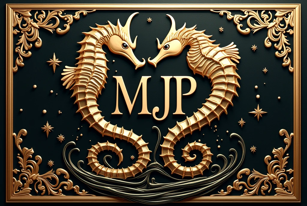 A logo design was created with the letters MJP in the center.。Japanese floating painting style、Seahorse Design. Japanese style、Japanese-style、high quality, A luxurious image. In the center is a map of Japan、Malaysia map hidden..
All designs are housed in luxurious gold frames